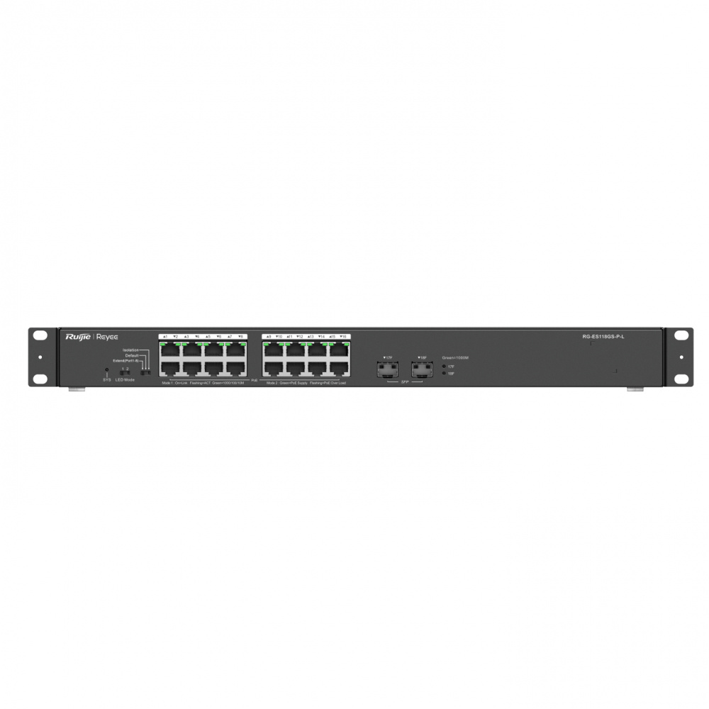 Switch Ruijie RG-ES118GS-P-L, 16 Puertos Gigabit Ethernet 10/100/1000 16 x PoE+ No disponible, 2 Puertos SFP, 56 Gbit/s, 8000 Entradas, No Administrado