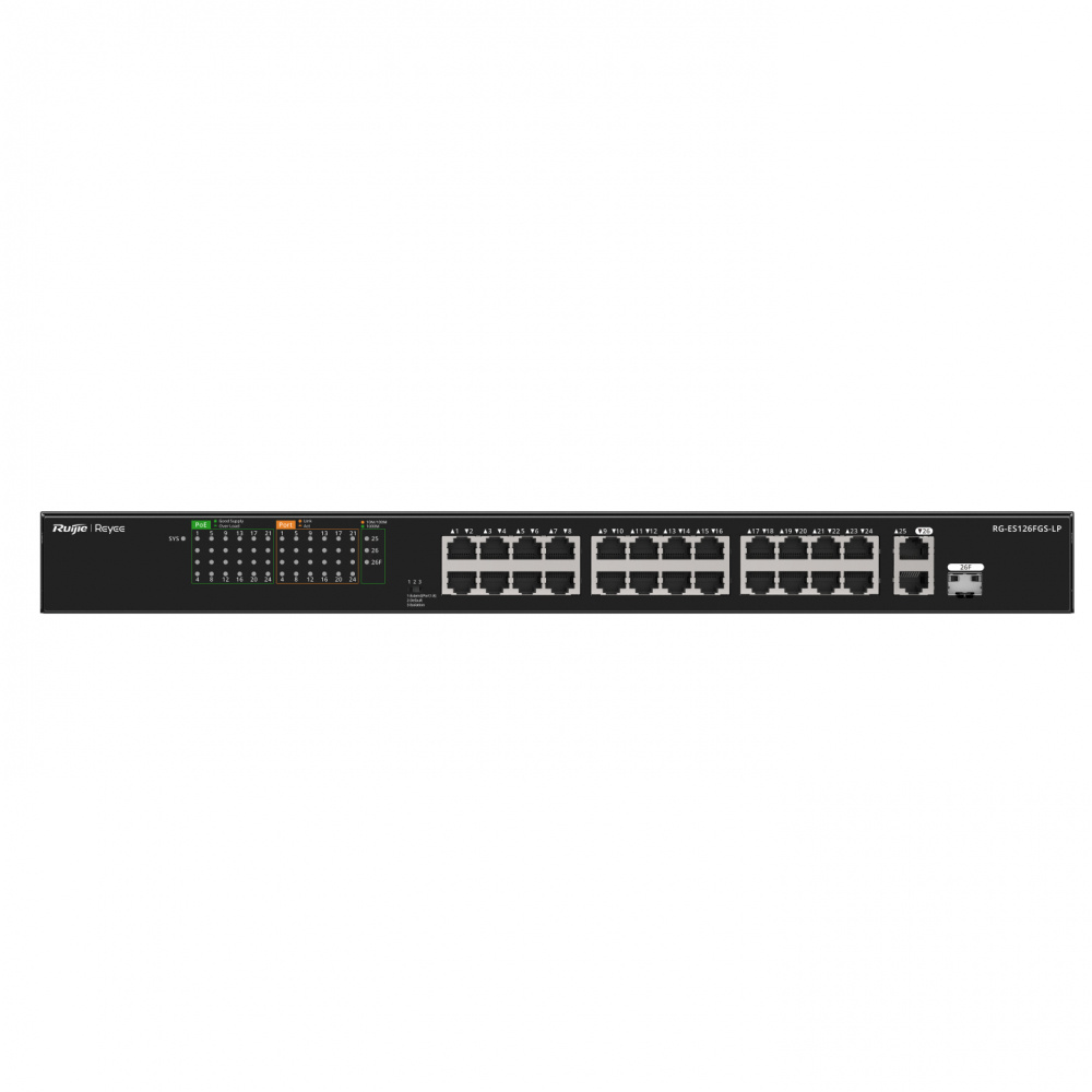 Switch Ruijie RG-ES126FGS-LP, 24 Puertos Fast Ethernet 10/100 24 x PoE+ 180W, 8.8 Gbit/s, 8000 Entradas, No Administrado