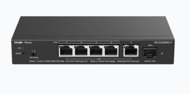 Switch Ruijie RG-ES206MG-P, 4 Puertos 2.5G Ethernet 100/1000/2500 4 x PoE+ 67W, 1 Puertos SFP+, 45 Gbit/s, Administrado