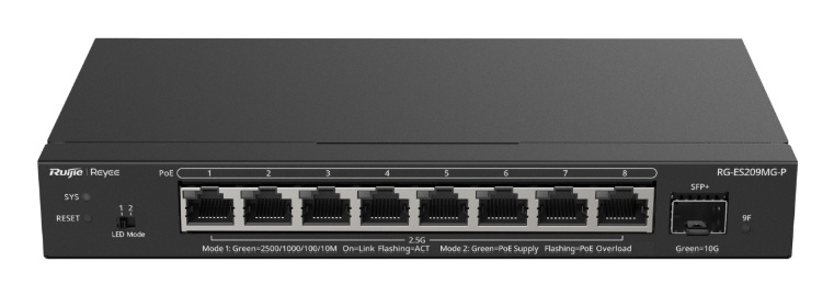 Switch Ruijie RG-ES209MG-P, 8 Puertos 2.5G Ethernet 100/1000/2500 8 x PoE+ 130W, 1 Puertos SFP+, 60 Gbit/s, 4000 Entradas, No Administrado