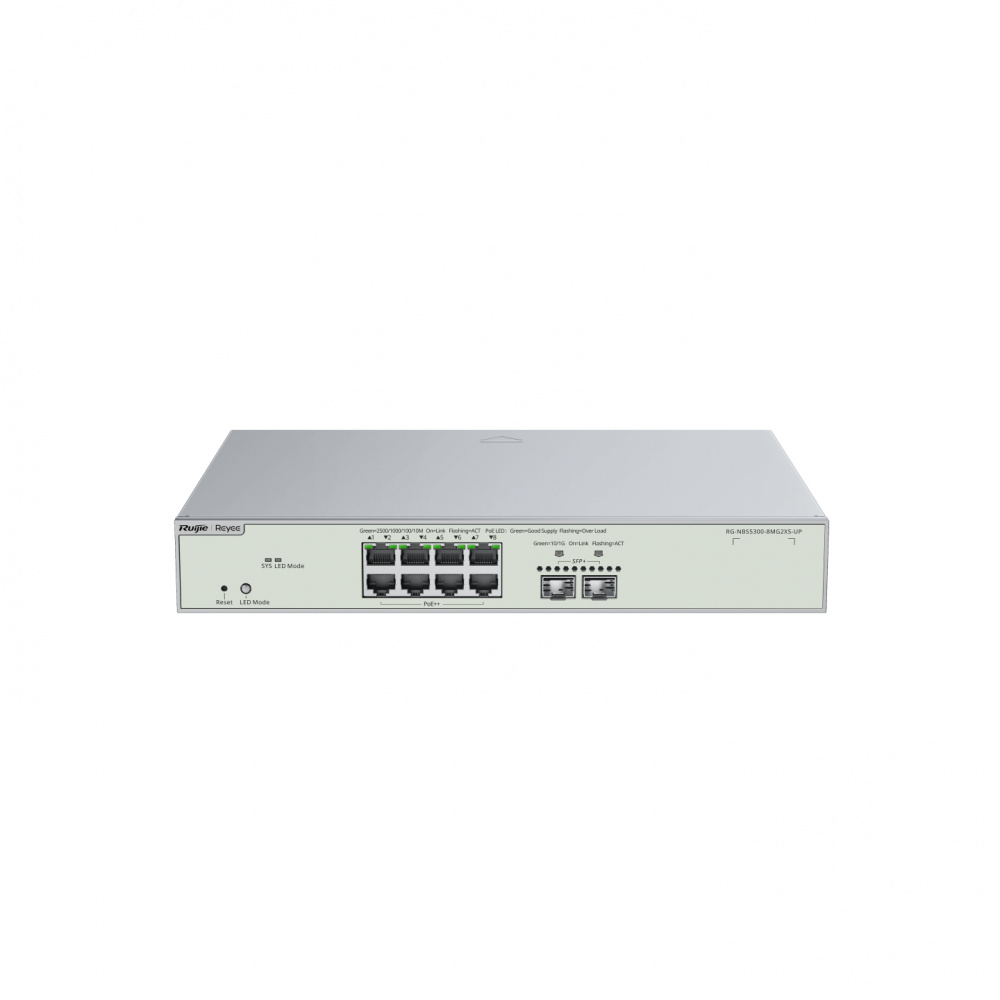 Switch Ruijie Gigabit Ethernet RG-NBS5300-8MG2XS-UP, 8 Puertos 10/100/1000Mbps (8x PoE+) + 2 Puertos SFP+, 80 Gbit/s, 16.000 Entradas - Administrable