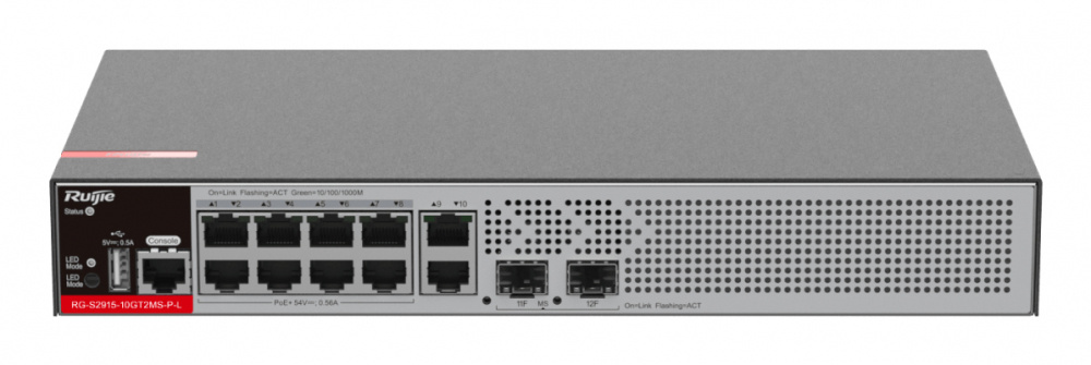 Switch Ruijie Gigabit Ethernet RG-S2915-10GT2MS-P-L, 8 Puertos PoE+ 10/100/1000Mbps + 2 Puertos SFP Uplink, 125W, 30 Gbit/s, 16000 Entradas - Administrable