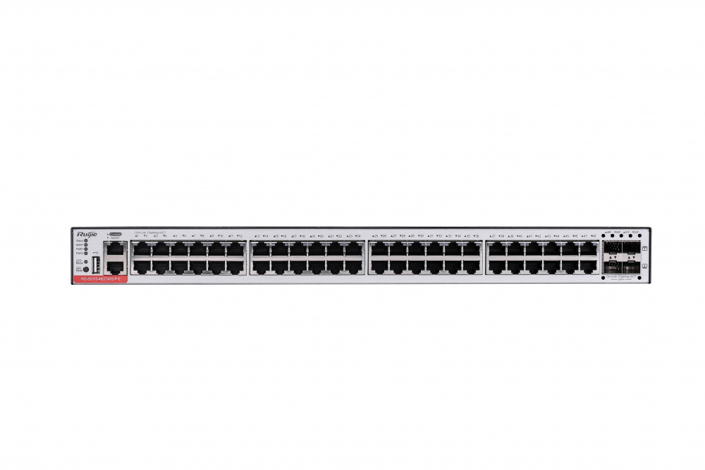 Switch Ruijie Gigabit Ethernet RG-S5310-E, 48 Puertos 10/100/1000Mbps + 4 Puertos SFP+, 176 Gbit/s, 32.000 Entradas - Administrable ― no Incluye Fuente, Compatible con RG-PA600I-P-F/RG-PA1000I-P-F