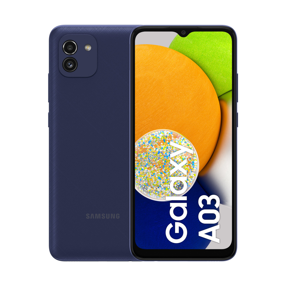Smartphone Samsung Galaxy A03 6.5", 128GB, 4GB RAM, Azul ― Daños menores / estéticos - Empaque con detalles esteticos, producto nuevo