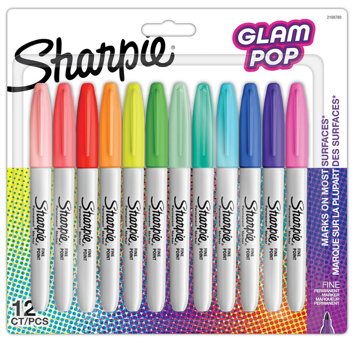 Sharpie Marcador Permanente GLAM POP, Punto Fino, Varios Colores, 12 Piezas