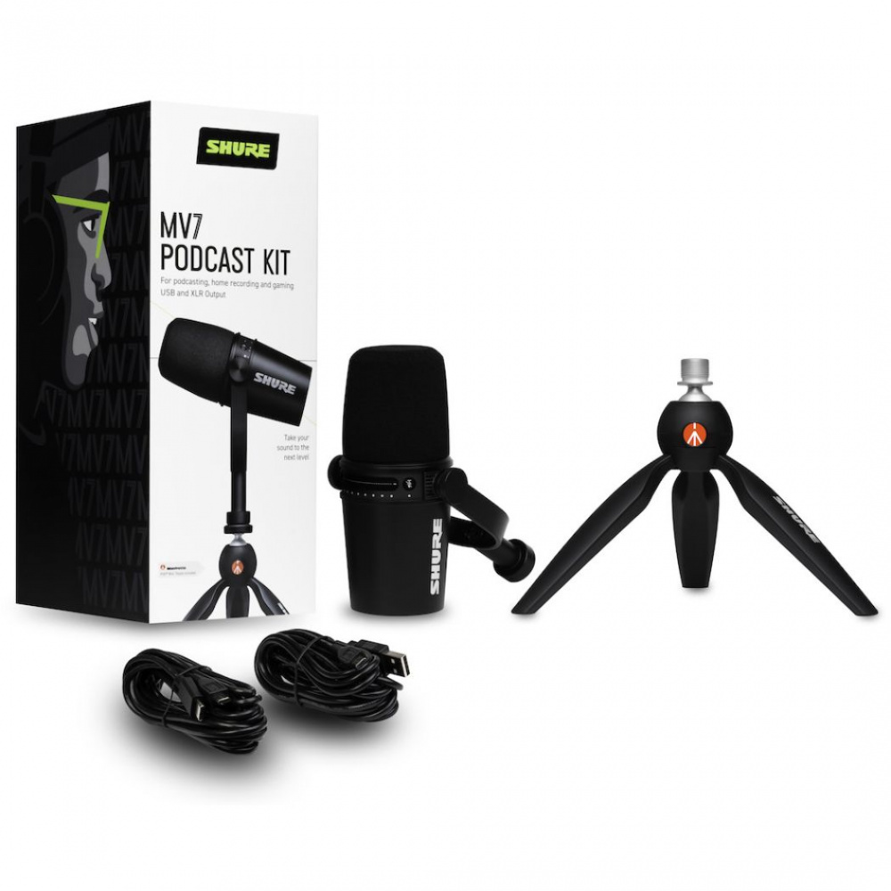 Shure Micrófono para Podcast MV7, Alámbrico, XLR/USB, Negro ― Incluye Tripie Manfrotto