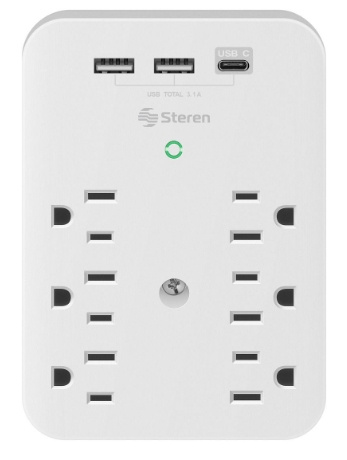 Steren Multicontacto de Pared 905-170, 6 Contactos + 3x USB, 15A, Blanco