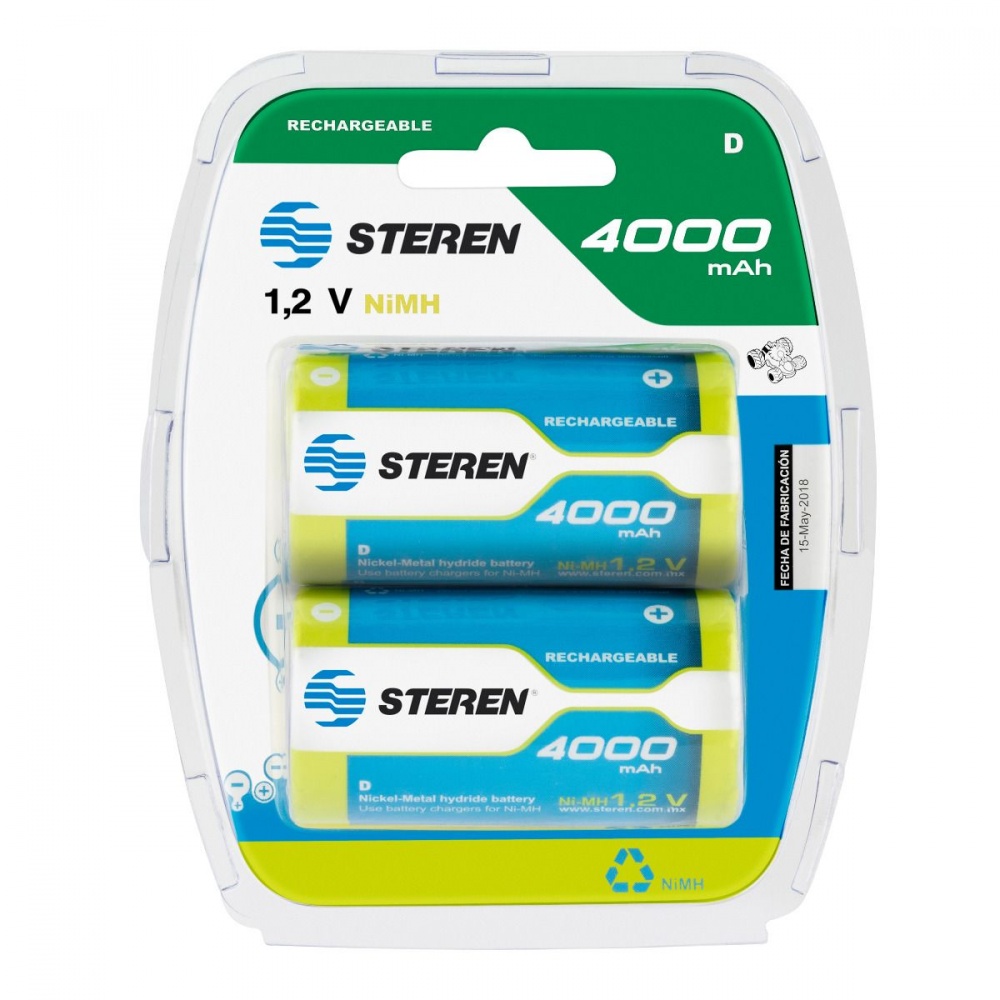 Steren Pilas Recargables D NIMH, 1.2 V, 4000MAH, 2 Piezas