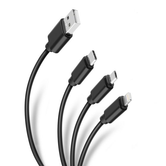 Steren Cable 3 en 1 USB A Macho - Lightning/micro USB/USB C Macho, 1.8 Metros, Negro