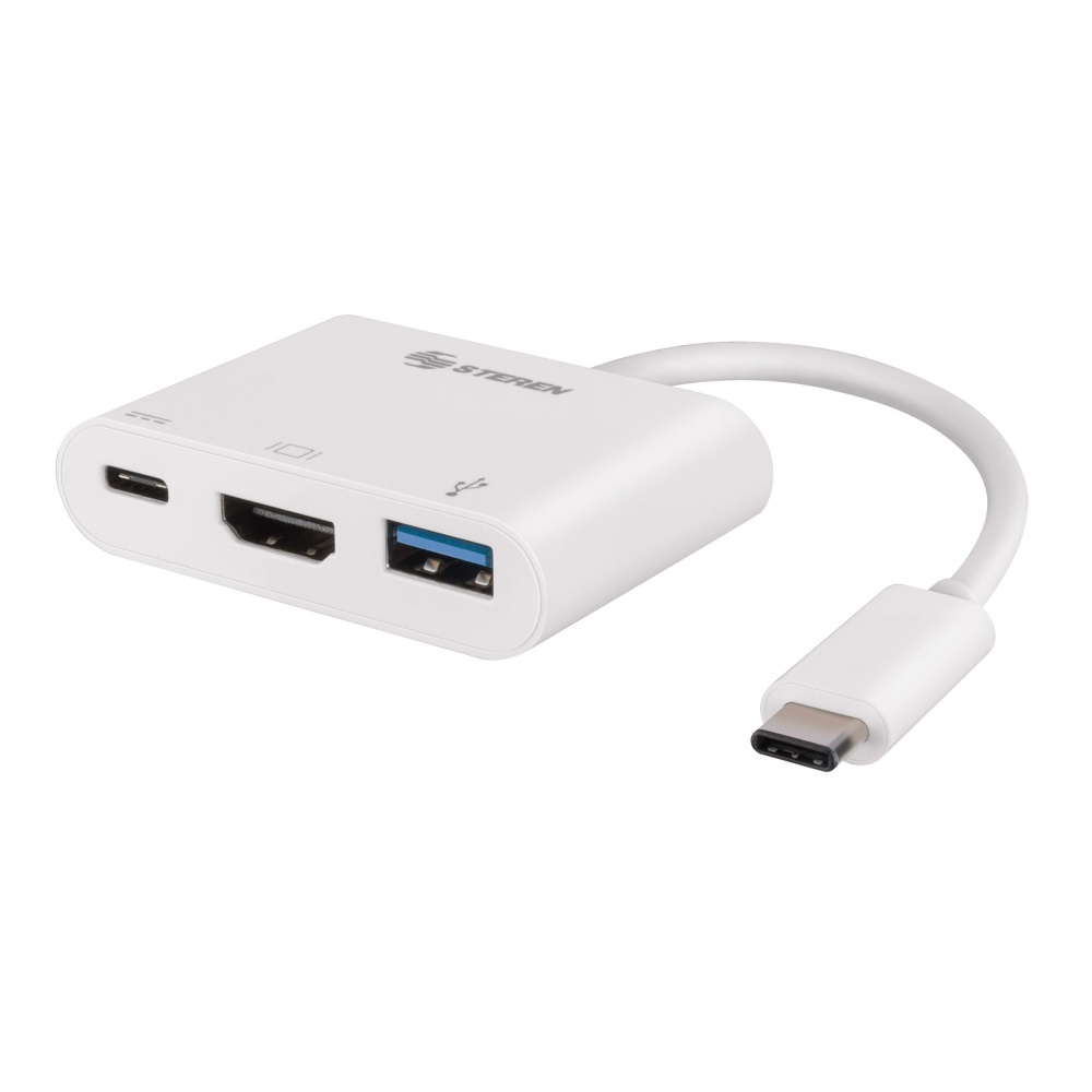 Steren Hub USB C Macho - 1x HDMI/1x USB/1x USB C Hembra, Blanco