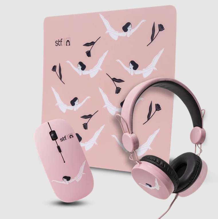STF Kit Mouse, Audífonos y Mousepad Mariana Motoko 3 en 1, Alámbrico, USB, 1600DPI, Rosa