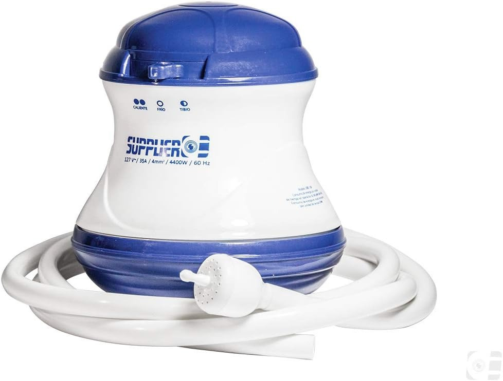 Supplier Regadera Eléctrica 5" Redonda de Plástico SRE-100, Blanco/Azul, 4.400W, 127V, 35A ― incluye Manguera