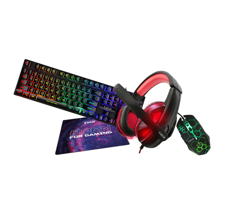 Kit Gamer de Teclado y Mouse T2GO incluye Teclado + Mouse + Diadema RGB + Mousepad, Alámbrico, USB, Nergro (Inglés)