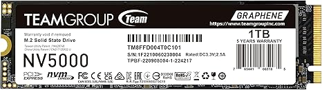 SSD Team Group NV5000 NVMe, 1TB, M.2, 1900 MB/s Escritura, 4500 MB/s Lectura, PCI Express 4.0