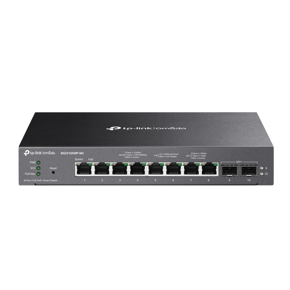 Switch TP-Link SG2210XMP-M2, 8 Puertos 2.5G Ethernet 100/1000/2500 8 x PoE+ 160W, 2 Puertos SFP+, 80 Gbit/s, 16000 Entradas, Administrado