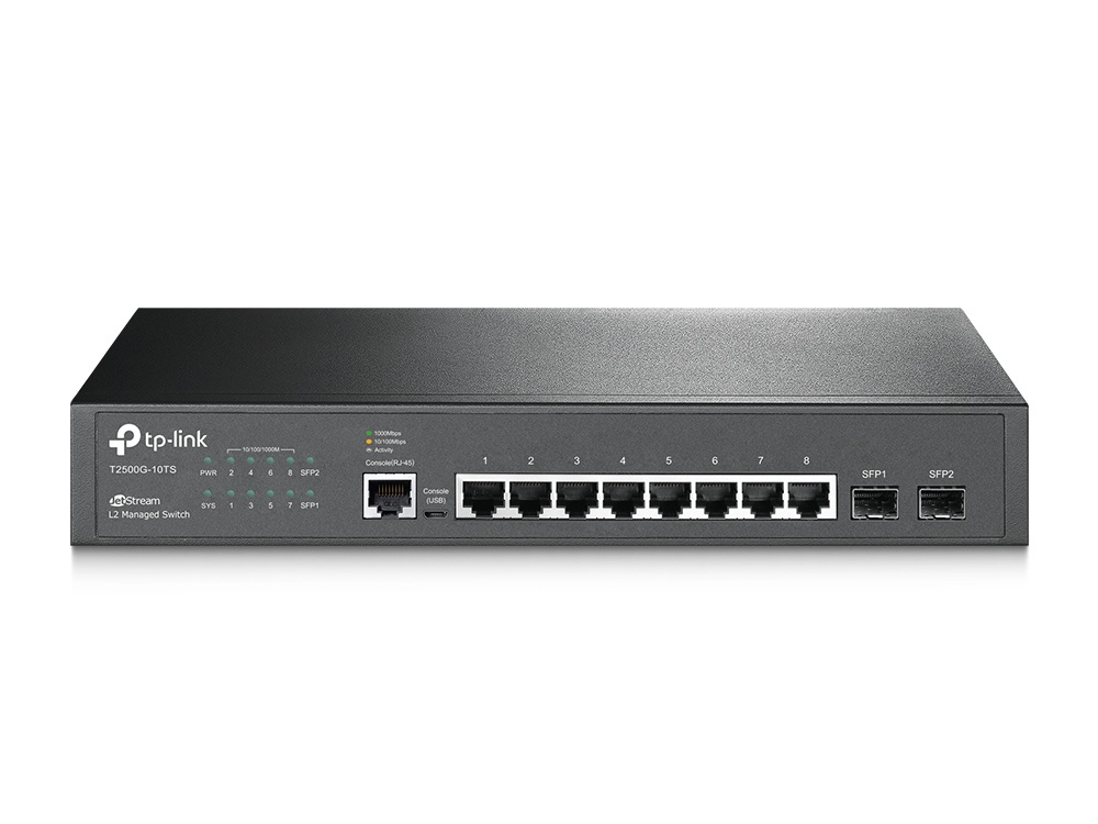 Switch TP-Link Gigabit Ethernet 500G-10TS, 8 Puertos 10/100/1000Mbps + 2 Puertos SFP, 20 Gbit/s, 8000 Entradas - Administrable