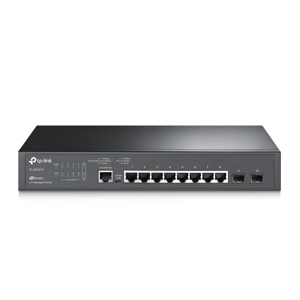 Switch TP-Link Gigabit Ethernet TL-SG3210, 8 Puertos 10/100/1000Mbps + 2 Puertos SFP, 20Gbit/s, 8000 Entradas - Administrable