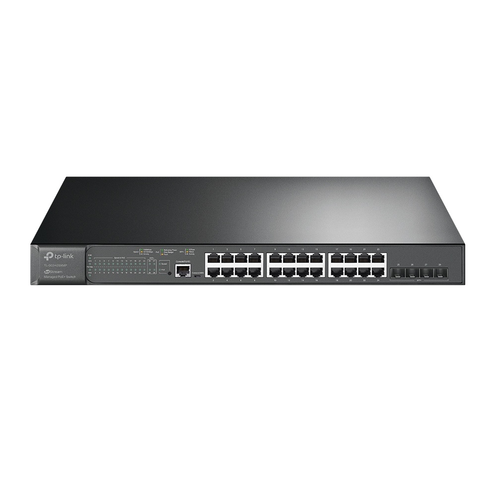 Switch TP-Link Gigabit Ethernet TL-SG3428XMP, 24 Puertos PoE+ 10/100/1000Mbps + 4 Puertos SFP+, 128 Gbit/s, 16.000 Entradas - Administrable