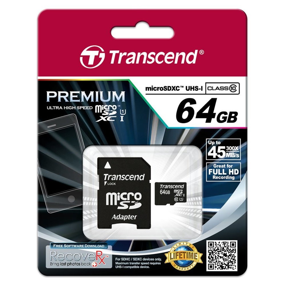 Memoria Flash Transcend TS64GUSDU1, 64GB MicroSDXC UHS-I Clase 10, con Adaptador 