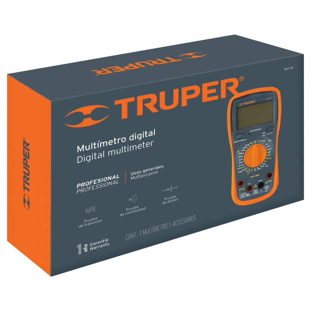 Truper Multímetro Digital Industrial, -40 - 1000°C, Naranja/Negro