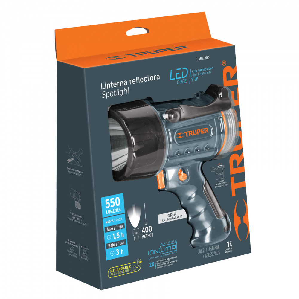 Truper Linterna Reflectora LED Recargable LARE-650, 550 Lúmenes, Gris/Negro