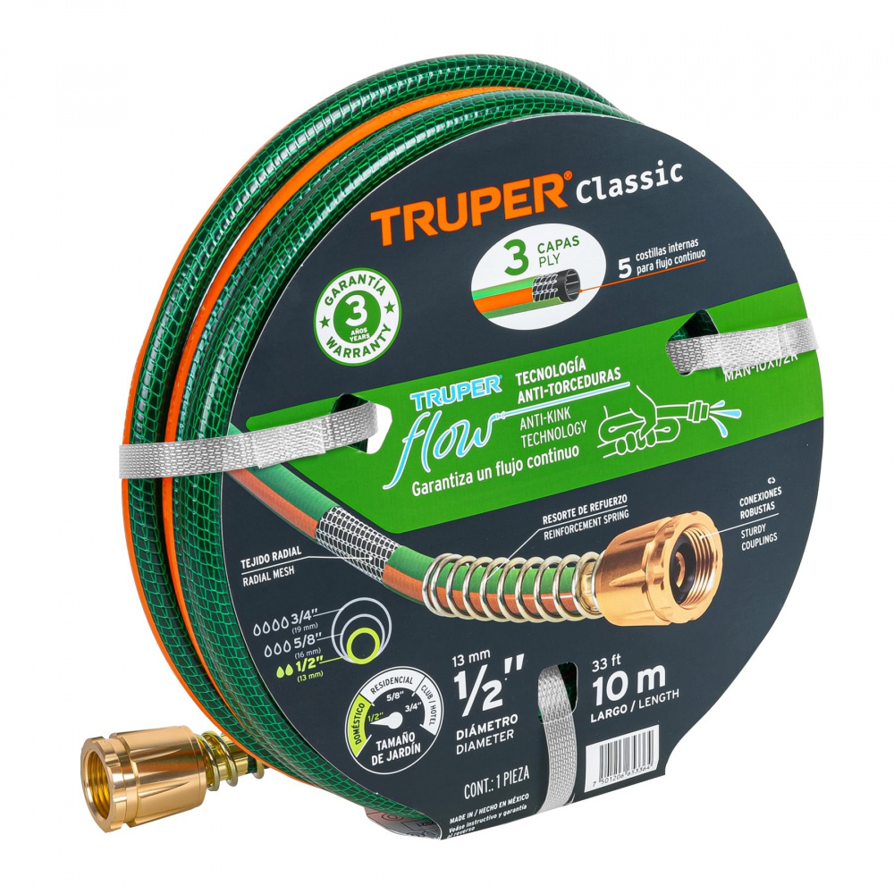 Manguera para Jardín Truper MAN-10X1/2R, 10 Metros, 3 Capas, Naranja/Verde