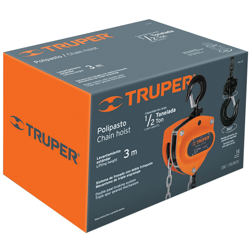 Truper Polipasto POL-1/2, 1/2 Tonelada, Cadena 3.2 Metros, Naranja