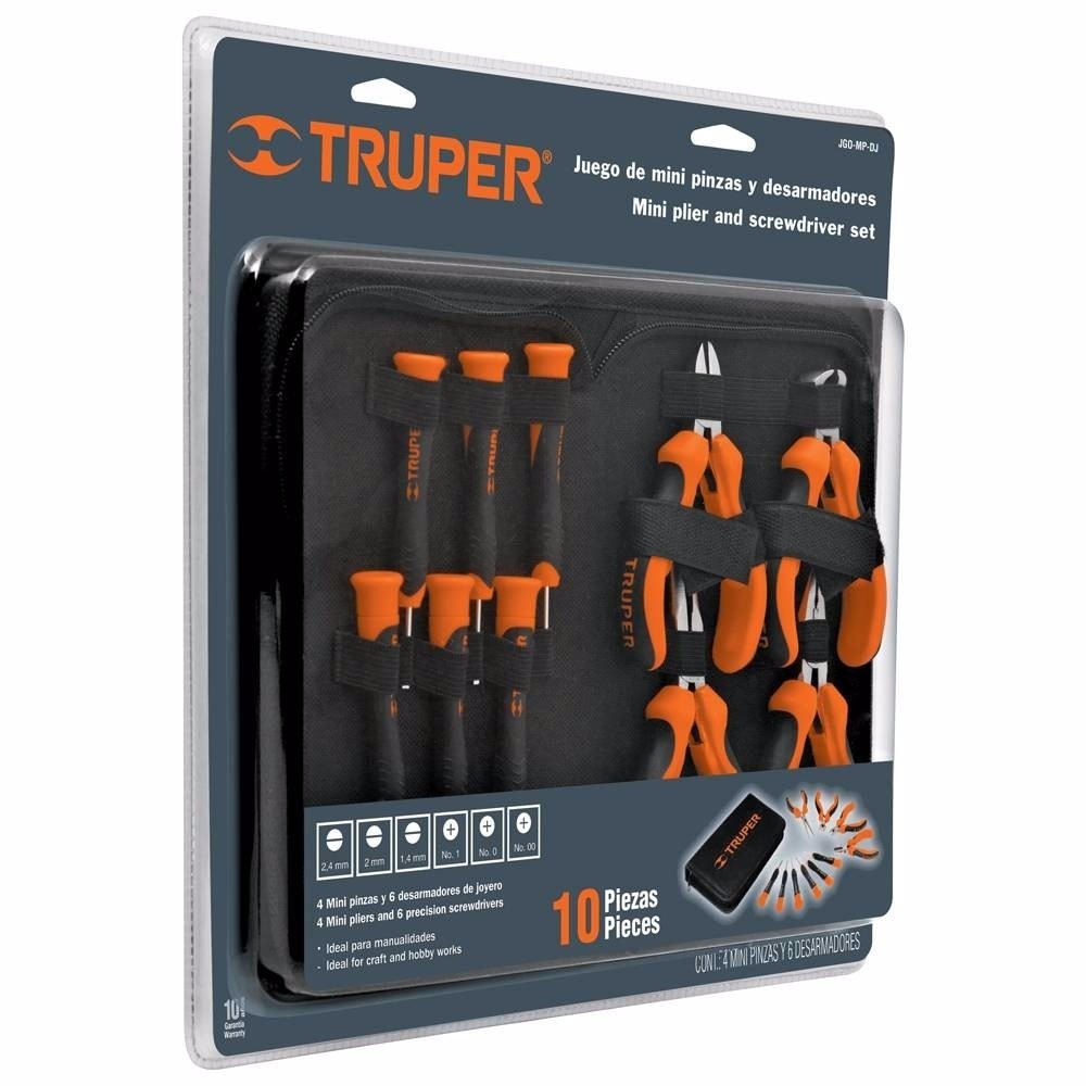 Truper Juego de Pinzas Miniaturas y Desarmadores JGO-MP-DJ, 10 Piezas, Negro/Naranja