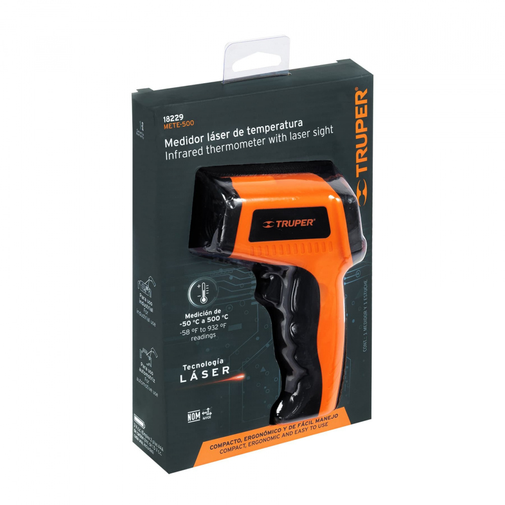 Truper Termómetro Infrarrojo Digital METE-500, -50 ºC a 500 ºC, Naranja/Negro
