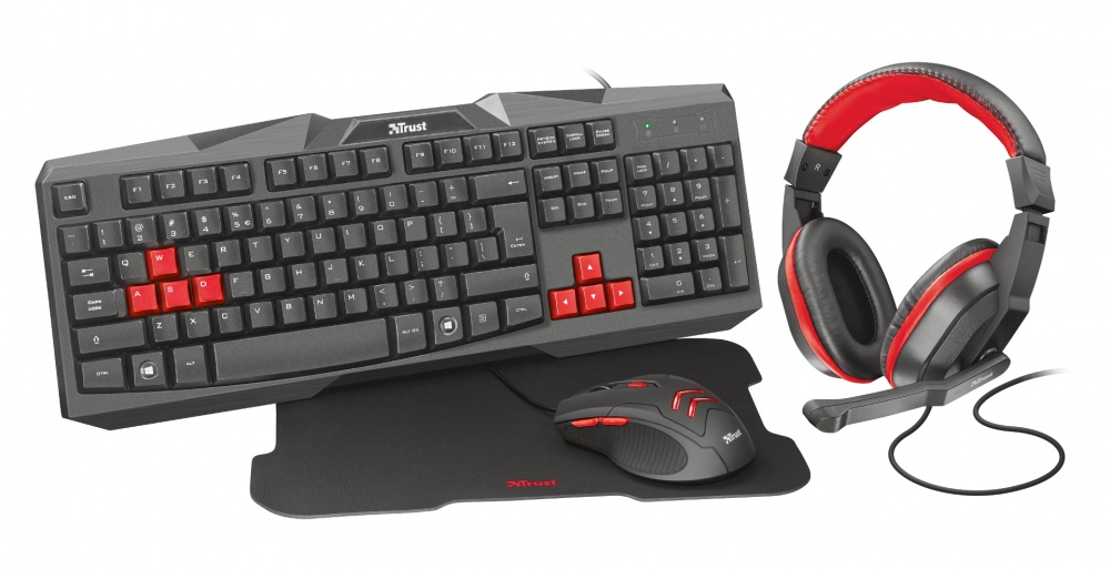 Kit Gamer de Teclado y Mouse Trust incluye Teclado + Mouse + Audifonos + Mousepad, Alámbrico, USB, Negro/Rojo (Español)