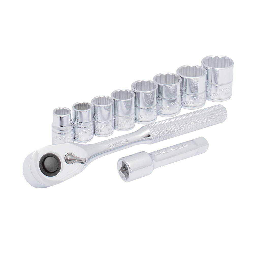 Urrea Juego de Dados con Matraca JBUA02S, 3/8", 10 Piezas, Plata