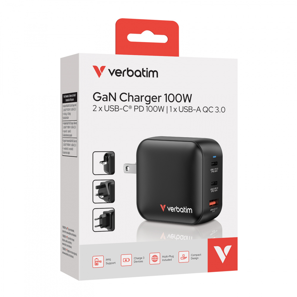 Verbatim Cargador de Pared 32230, 100W, 9V, 1 x USB-A 2 x USB-C 