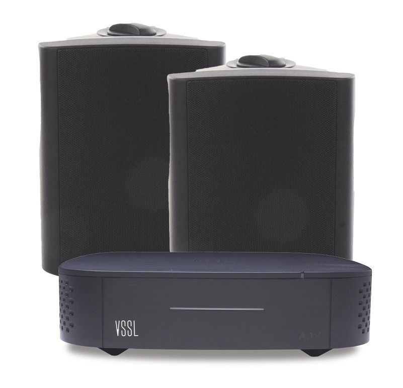 VSSL Kit Amplificador A1X/2OLB, 2 Canales, 50W, Inalámbrico, Incluye 2 Bocinas para Montaje Superficial