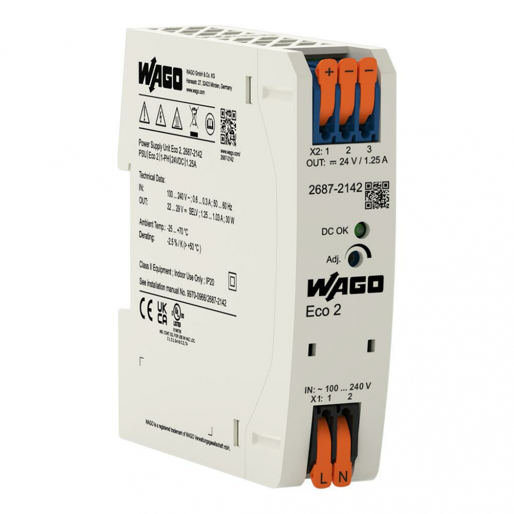 Wago Fuente de Poder Industrial 2687-2142, Entrada 90 - 264V, Salida 24V, 1.25A