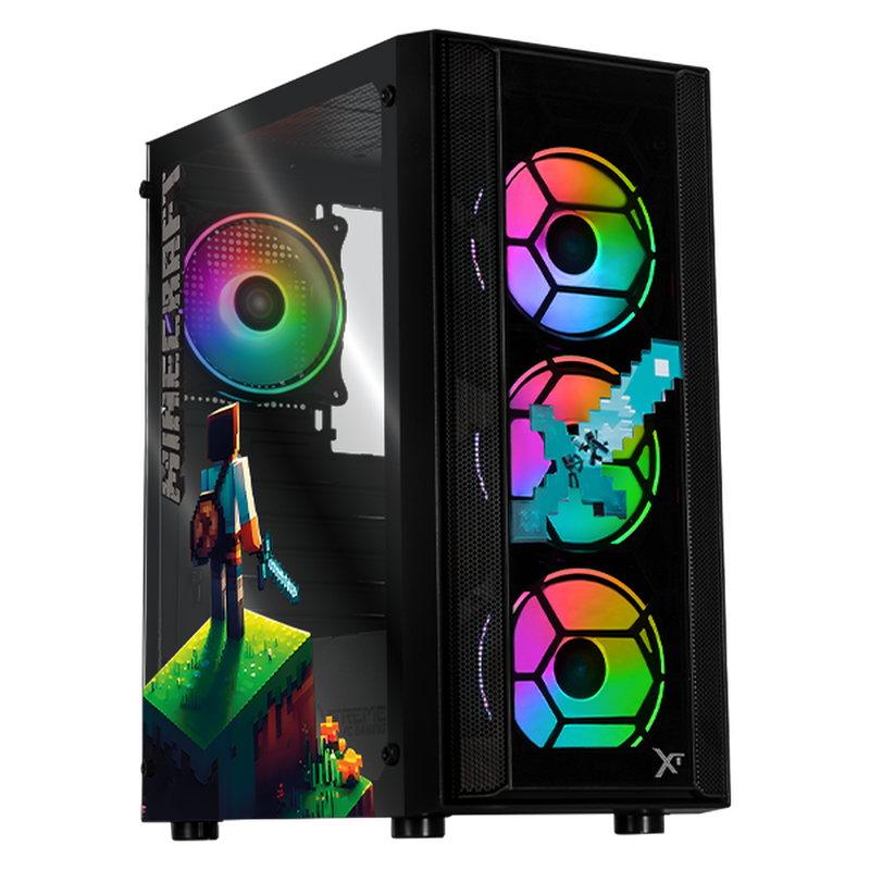 Gabinete Xtreme PC Gaming Minecraft Steve Edition, Midi-Tower, ATX/Micro-ATX/Mini-ITX, USB 2.0/3.0, sin Fuente, 4 Ventiladores Instalados, Negro