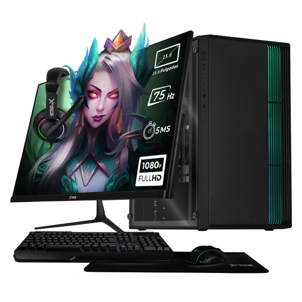 Computadora Xtreme PC Gaming CM-05070, Intel Celeron J4125, 16GB, 500GB SSD, Wi-Fi, Windows 10 Prueba + Teclado/Mouse/Monitor de 23.8"