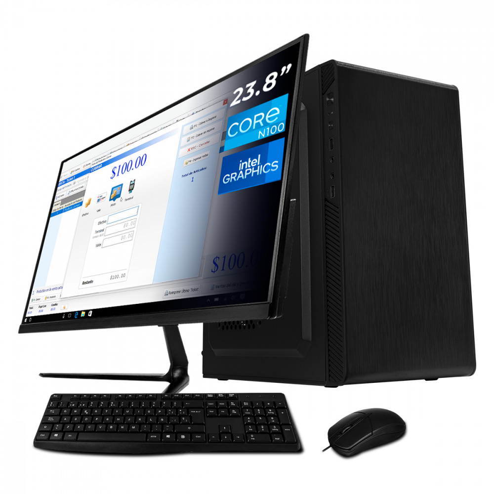 Computadora Xtreme PC Gaming Atom Black, Intel N100, 16GB, 256GB SSD, Wi-Fi, Windows 11 Prueba + Teclado/Mouse/Monitor de 23.8"