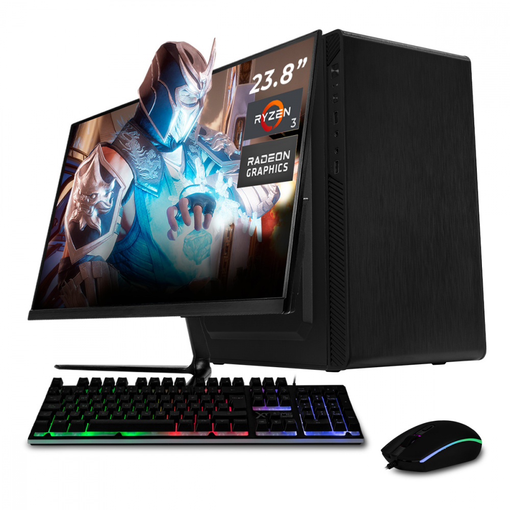 Computadora Xtreme PC Gaming CM-05117, AMD Ryzen 3 5300G, 16GB, 500GB SSD, Wi-Fi, Windows 10 Prueba + Teclado/Mouse/Monitor de 23.8"