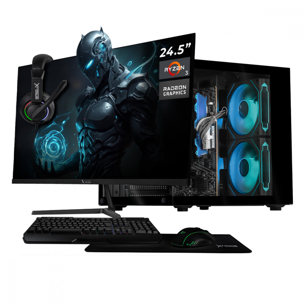 Computadora Xtreme PC Gaming Tank Glow Plus Black, AMD Ryzen 3 5300G, 16GB, 500GB SSD, Wi-Fi, Windows 11 Prueba + Teclado/Mouse/Monitor de 24"