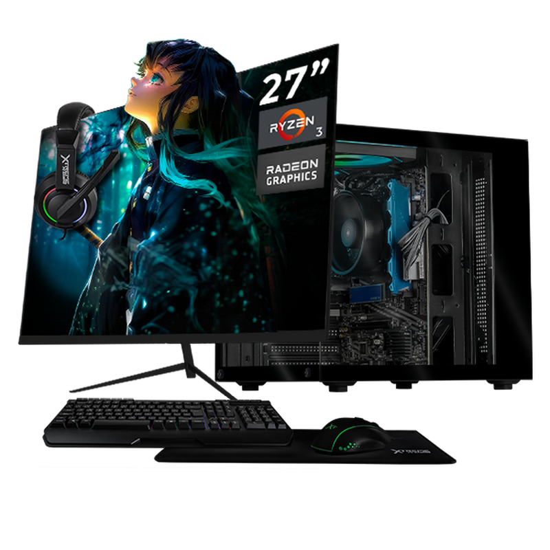Computadora Xtreme PC Gaming CM-05567, AMD Ryzen 3 3200G, 16GB, 500GB SSD, Wi-Fi, sin Sistema Operativo + Teclado/Mouse/Monitor de 27"