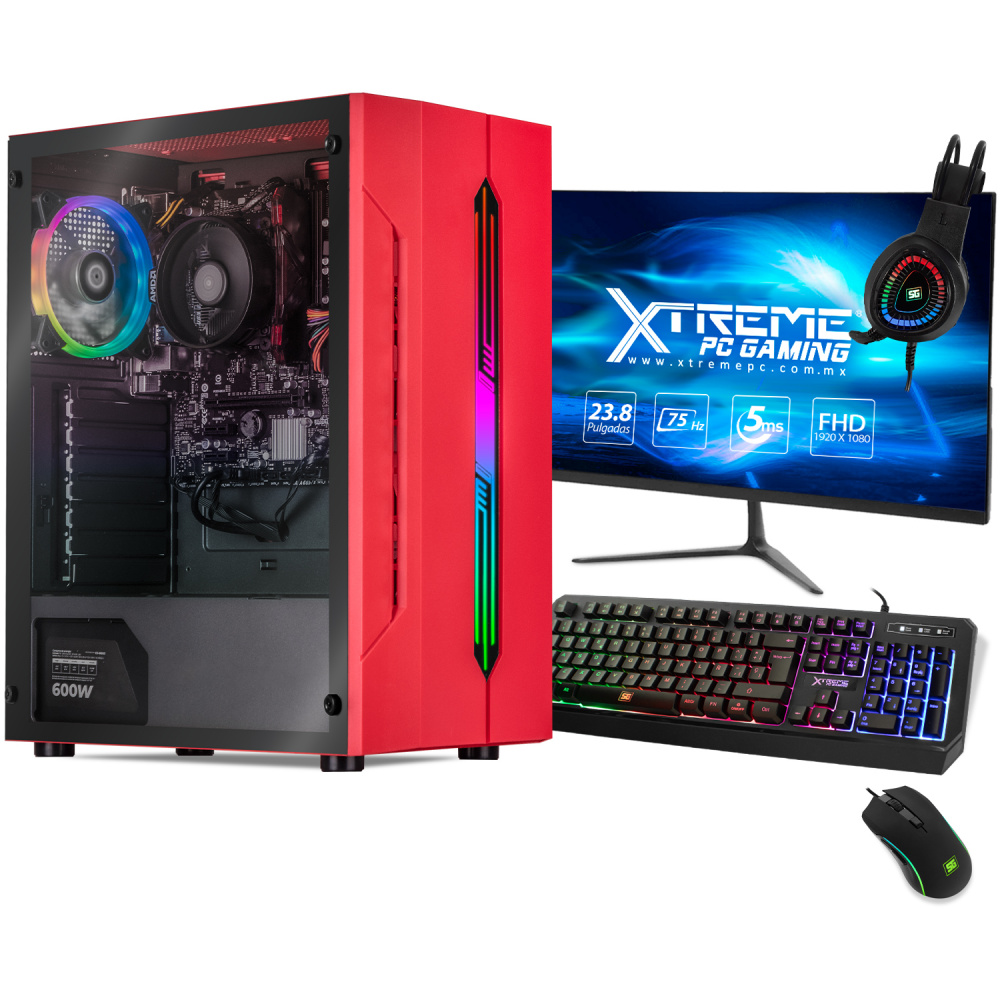 Computadora Gamer Xtreme PC Gaming CM-50112, AMD Ryzen 5 5600G 3.90GHz, 8GB, 250GB SSD, Adaptador WiFi, Windows 10 Prueba, Rojo ― incluye Monitor de 23.8, Teclado, Mouse y Audífonos