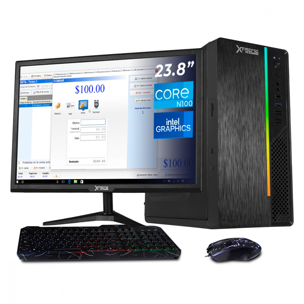 Computadora Xtreme PC Gaming CM-05872, Intel N100, 16GB, 500GB SSD, Wi-Fi, Windows 11 Prueba + Teclado/Mouse/Monitor de 23.8"
