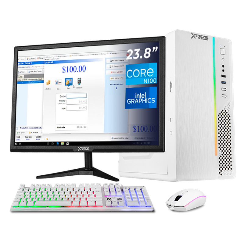 Computadora Xtreme PC Gaming CM-05874, Intel N100, 16GB, 500GB SSD, Windows 11 Prueba + Teclado/Mouse/Monitor de 23.8"