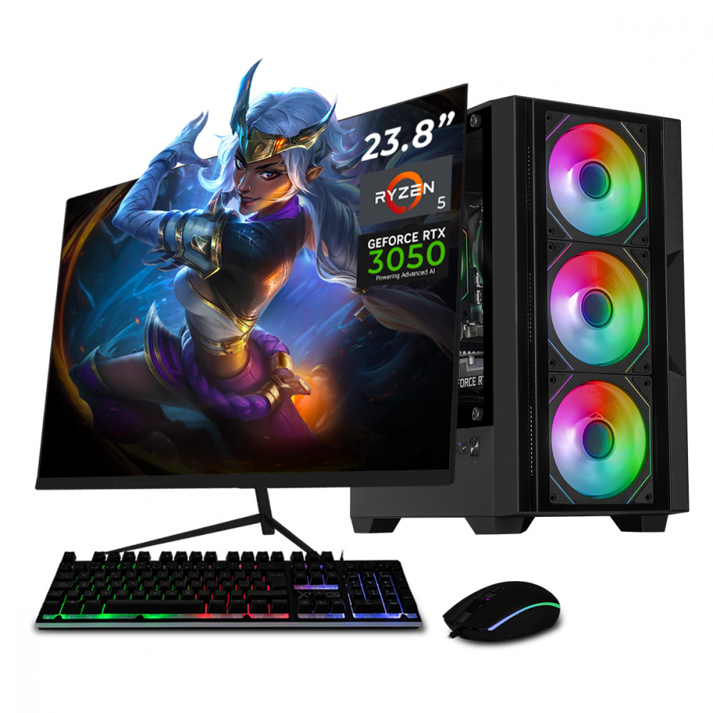 Computadora Gamer Xtreme PC Gaming CM-05774, AMD Ryzen 5 5500, NVIDIA GeForce RTX 3050, 16GB, 1TB SSD, Wi-Fi, Windows 10 Prueba + Teclado/Mouse/Monitor de 23.8"