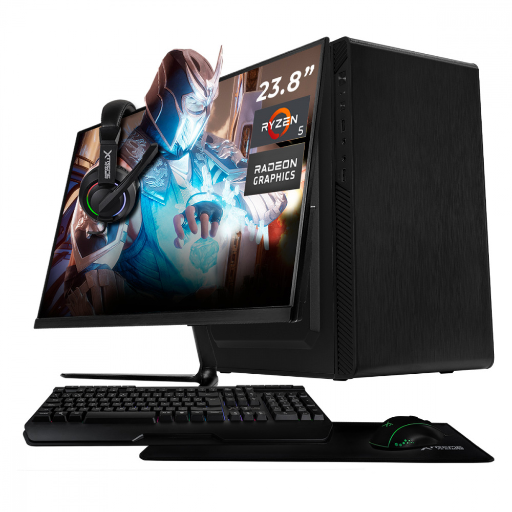 Computadora Xtreme PC Gaming CM-05141, AMD Ryzen 5 3400G, 16GB, 500GB SSD, Wi-Fi, Windows 10 Prueba + Teclado/Mouse/Monitor de 23.8"