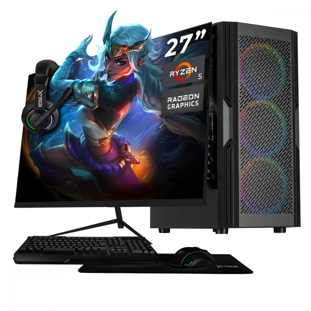 Computadora Xtreme PC Gaming CM-05765, AMD Ryzen 5 5600G, 16GB, 500GB SSD, Wi-Fi, Windows 11 Prueba + Teclado/Mouse/Monitor de 27"