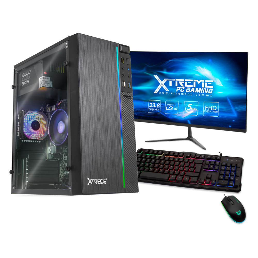 Computadora Xtreme PC Gaming CM-99949, AMD Ryzen 5 4600G 3.70GHz, 16GB, 500GB SSD, Adaptador Wi-Fi, Windows 10 Prueba, Negro ― Incluye Monitor 23.8", Teclado y Mouse