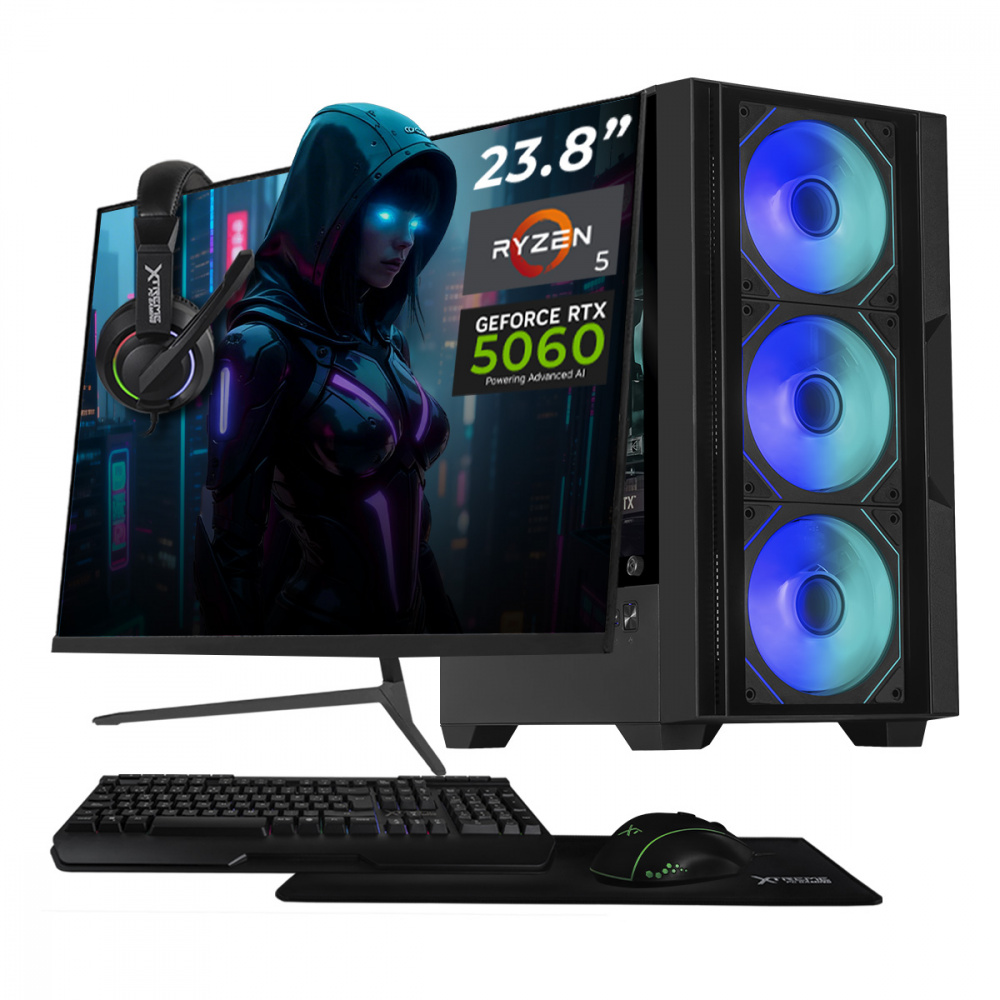Computadora Gamer Xtreme PC Gaming CM-05496, AMD Ryzen 5 5500, NVIDIA GeForce RTX 5060, 16GB, 500GB SSD, Wi-Fi, Windows 11 Prueba + Teclado/Mouse/Monitor de 23.8"
