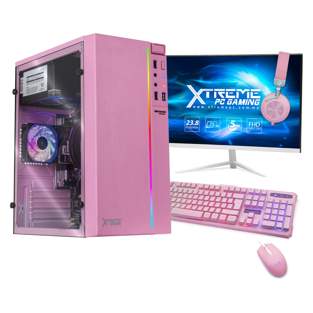 Computadora Gamer Xtreme PC Gaming CM-99970, AMD Ryzen 7 5700G 3.80GHz, 16GB, 500GB SSD, Wi-Fi, Windows 10 Prueba, Rosa ― incluye Monitor 23.8", Teclado, Mouse y Audífonos