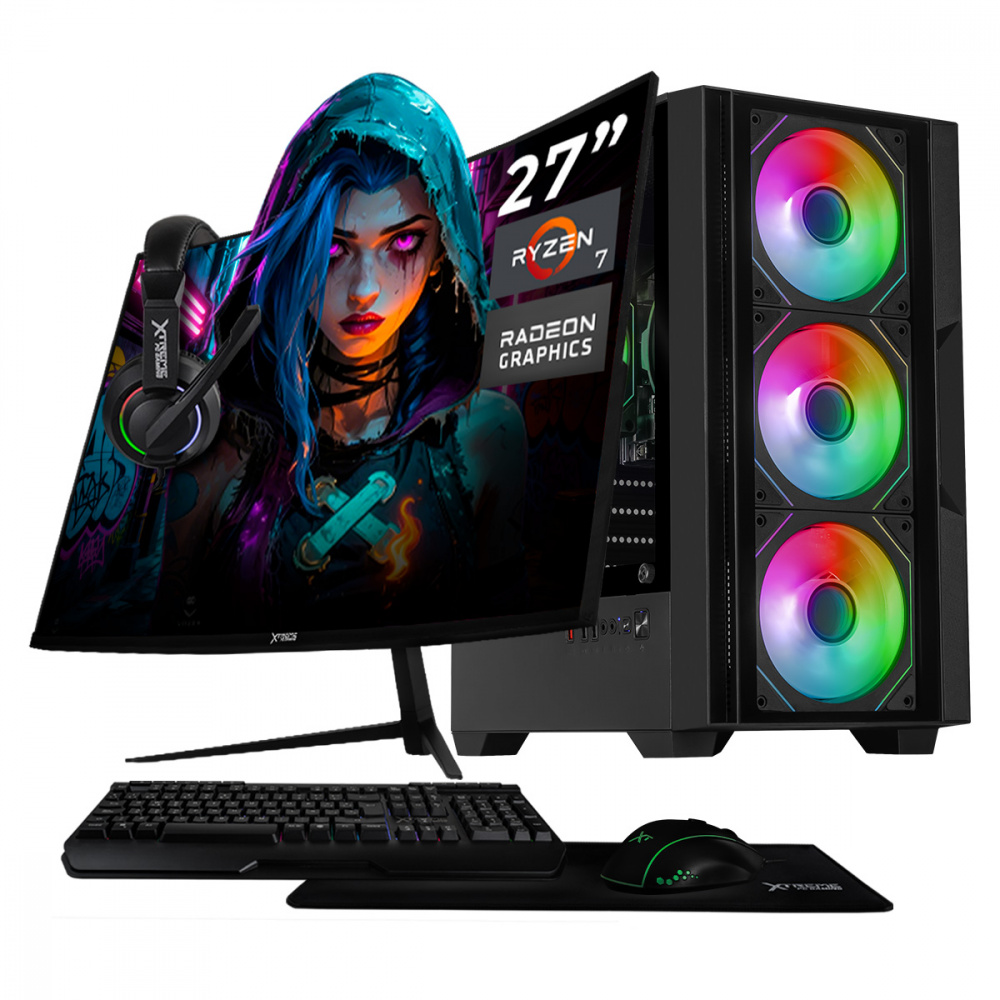 Computadora Xtreme PC Gaming Nitrox Back, AMD Ryzen 7 8700G, 16GB, 500GB SSD, Wi-Fi, sin Sistema Operativo + Teclado/Mouse/Monitor de 27"